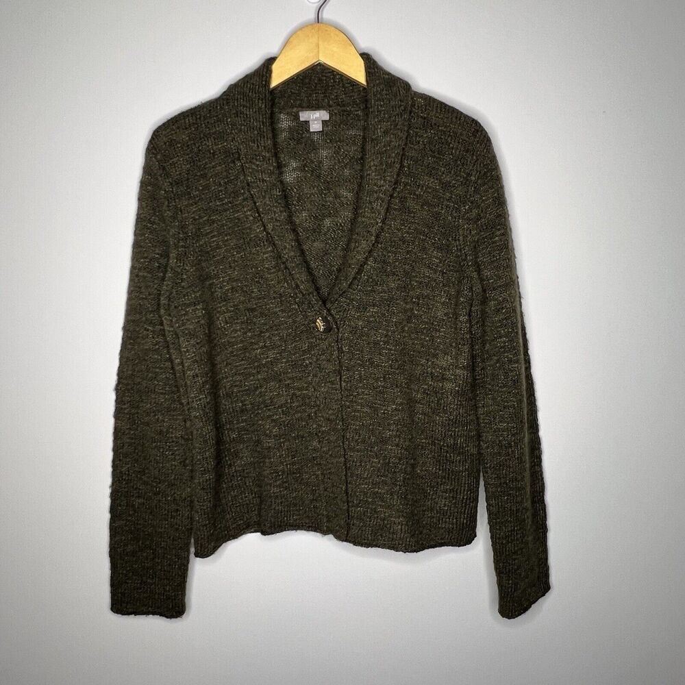 J Jill Open Cardigan Sz M Green One Button Knit Wool Alpaca Blend Grannycore